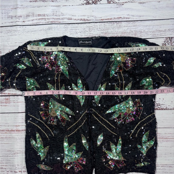 Vintage Black Sequin Silk Cardigan with Green Floral Sequin Accents - Picture 8 of 11